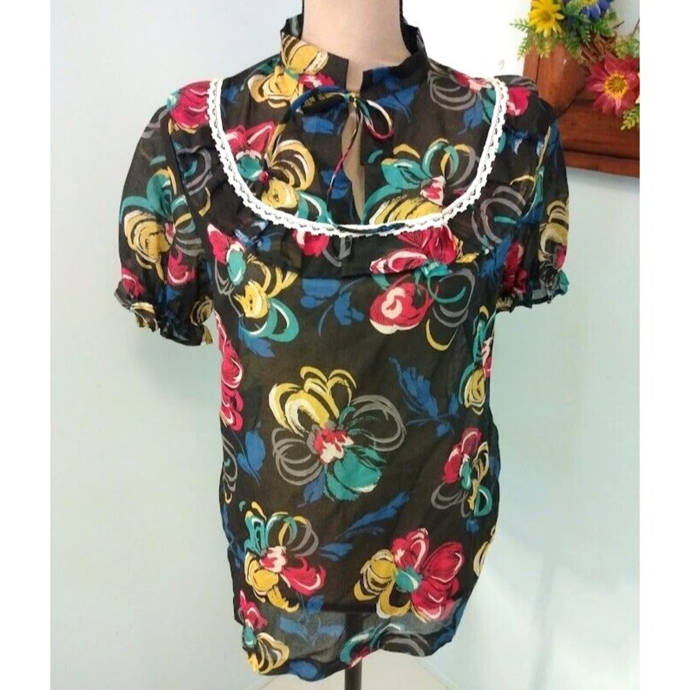 Vintage Women's Blouse size 14 Black Floral Semi Sheer Trim Front Tie USA ILGWU